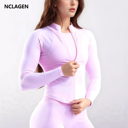 Zippy Jacket Women Running Long Sleeves Gym Tops Full Zipper Seamless Workout Activewear Sports Pilates Yoga Coats