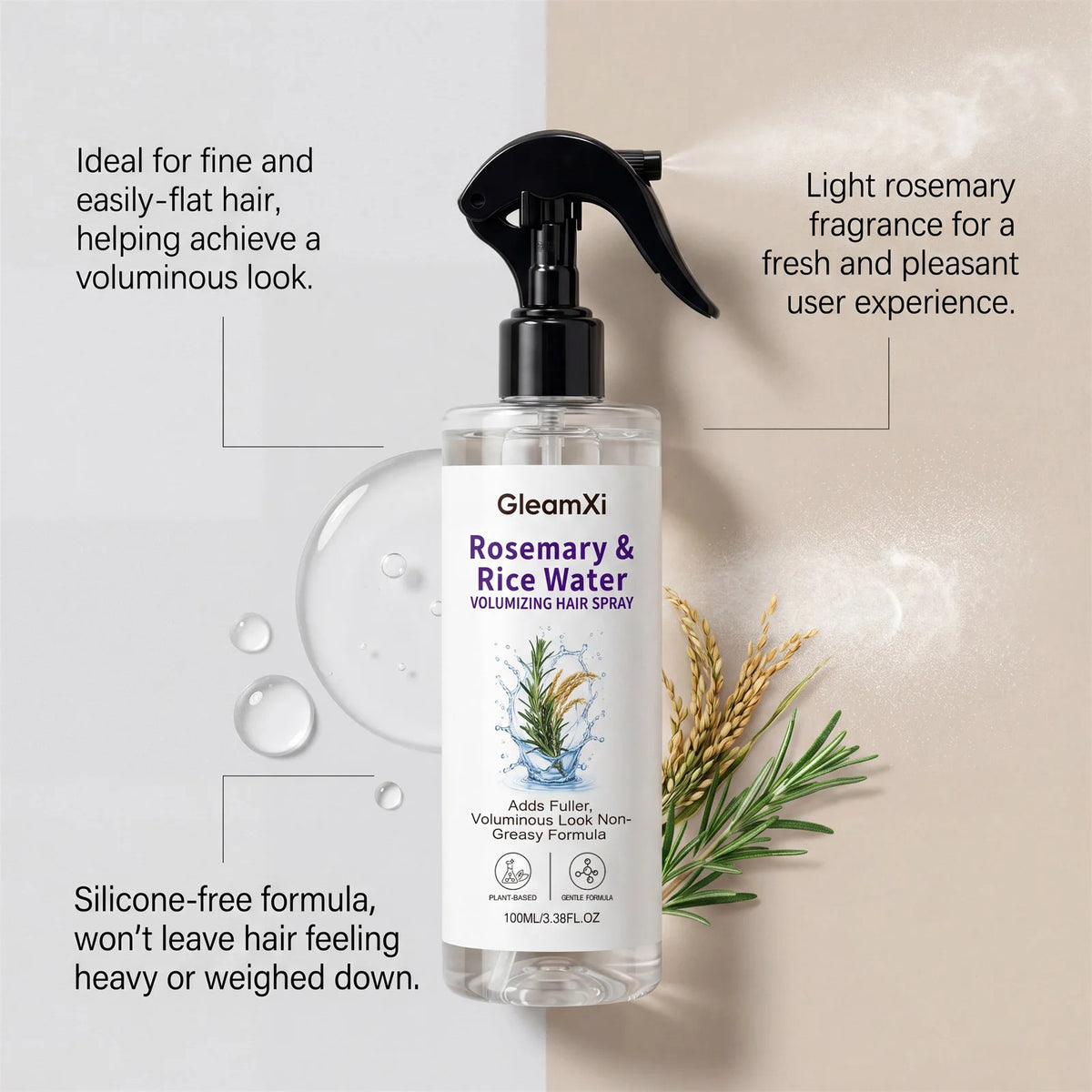 Rosemary Rice Water Hair Spray Volumizing Smoothing Leave-In Conditioner for Fine Flat Hair Oil Control Refreshing Scalp Care